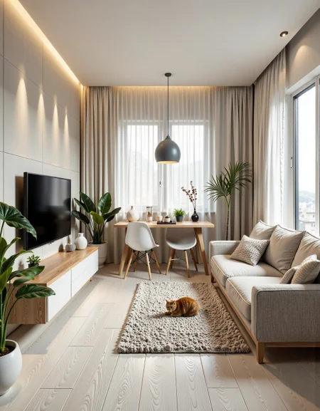 A photo of a cozy and stylish living room in a 30 sq.m studio apartment, designed in modern minimalism with personality and warmth. Light grey porcelain tile flooring with white wood texture, white soft rug in the center. A comfortable light-grey sofa against the far wall (opposite the window), floating TV console on the left wall under a flat-screen TV. the wall behind the TV has a stylish design solution, highlighting the TV area in a special way.
One large window on the right side lets in natural soft daylight. The walls are painted light beige with a textured plaster finish. Add warm indirect lighting, a few green indoor plants, and artistic decor with soul — like handmade art or a personal photo. No yellow tint, keep colors neutral and soft. Include a real-looking playful cat on the rug or sofa, not stylized. The space should feel peaceful, lived-in, and personal — not like a showroom. The overall decor combines modern and classic elements, creating a serene atmosphere. <lora:fluxenhancer:0.9> <lora:CTAI-I.Japandi:1> CTAi Interior Japandi