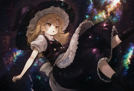 best quality, masterpiece,
1girl, solo, solo focus,
kirisame marisa, :o,
falling, space,
floating hair, floating clothes,