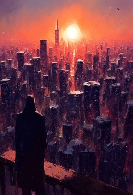 futuristic cityscape, sunset, panoramic view, neon-lit buildings with towering skyscrapers, glowing billboards, flying vehicles in sky, bustling streets filled with humans and humanoid robots, lone figure in hooded cloak, upperbody, looking over city from rooftop edge, solemn expression, soft orange and purple light casting warm shadows, intense atmosphere, feeling of solitude amidst chaos