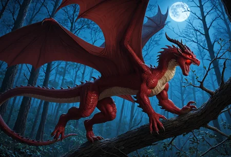 solo, open mouth, red eyes, tail, outdoors, horns, teeth, wings, sky, tree, no humans, night, glowing, moon, sharp teeth, night sky, nature, claws, glowing eyes, full moon, spikes, dragon horns, forest, monster, dragon, branch, scales, dragon wings, spread wings, large wings,