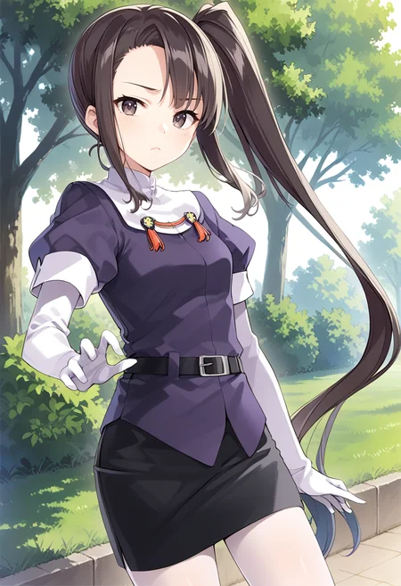 1girl, solo, park, cowboy shot, <lora:KC_03HC_nachi_pony:1> nachikc, black_hair, side ponytail, very long hair, brown eyes, tsurime, nachidefkc, shirt_short_sleeves, purple shirt, elbow gloves, white gloves, black belt, black skirt, pencil skirt, white pantyhose, boots,, score_9,score_8_up, score_7_up, source_anime, masterpiece, best quality, official art, official style, game cg, megami magazine, rating_safe, rating_questionable, <lora:Fixhands_anime_bdsqlsz_V1:0.75>, NEGATIVE_HANDS