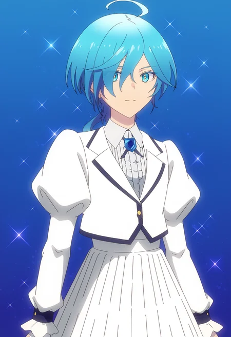 <lora:Isemi_Tina-pony:1>,
1girl,Isemi Tina,solo,white skirt,long sleeves,male focus,ahoge,puffy sleeves,shirt,low ponytail,skirt,juliet sleeves,white shirt,jacket,blue background,brooch,closed mouth,white jacket,jewelry,collared shirt,sparkle,center frills,pleated skirt,