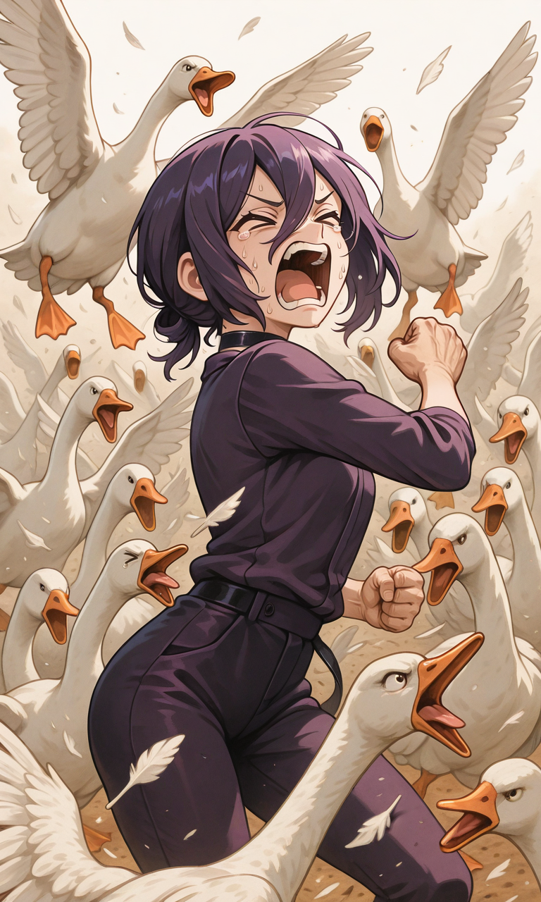 embedding:IllusP0s, goose ambush, 6+ geese, reze, ><, screaming, punching,<lora:goose ambush_illustrious.safetensors:1.0:1.0>