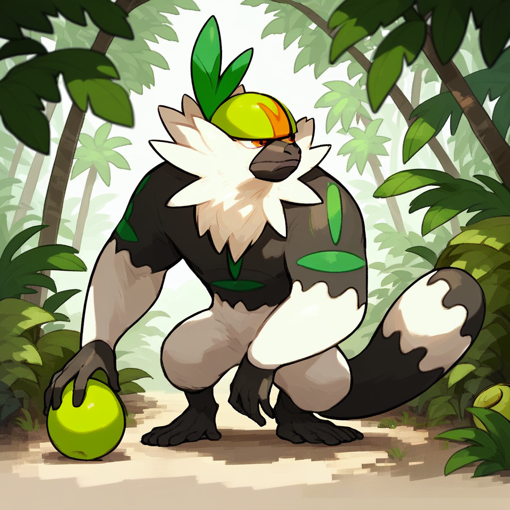 Score_7_up, score_8_up, full body, passimian, pokemon (creature), helmet, coconut, looking to side, jungle setting, outdoors,