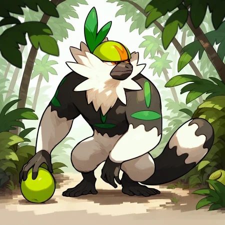Score_7_up, score_8_up, full body, passimian, pokemon (creature), helmet, coconut, looking to side, jungle setting, outdoors,