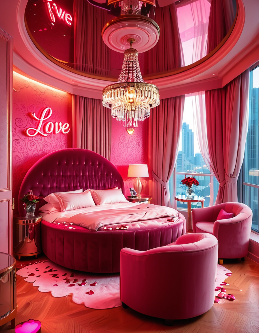 A luxurious, stylish love hotel room,love hotel r00m with a romantic and intimate atmosphere. The room features a large, round king-sized bed with silky red and black sheets, surrounded by soft, ambient lighting. Neon pink and purple LED lights illuminate the walls, creating a sensual glow. A plush velvet sofa sits near the bed, with a glass-topped coffee table holding champagne glasses and a chilled bottle of champagne. The ceiling has a large mirror, reflecting the entire room. On one side, thereâs a floor-to-ceiling window with sheer curtains, showing the night cityscape in the background. A modern jacuzzi tub with rose petals floating on the water is visible in the corner, surrounded by candles. The room has a sleek, modern design with a touch of opulence, including gold accents on the furniture and warm wooden floors. The lighting is dim and moody, emphasizing the romantic ambiance.
<lora:SDXLFaeTastic2400:0.4> <lora:extremely_detailed:0.4> extremely detailed, <lora:love_hotel_r00m:1>, Masterpiece,best quality,hi res,8k,hi res,8k,award winning,(sharp focus, intricate, highly detailed),