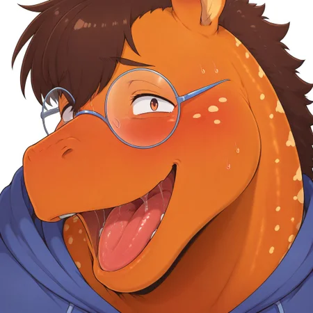 masterpiece, best quality, amazing quality,
1boy, solo, Anthro,Aibu,zebra/gecko hybrid,orange body,tan spots,brown hair,plump,male focus, glasses, furry male, plump,glasses, smile, blue hoodie, white background, nervous smile, face focus, close-up, straight-on, looking at viewer, wide open mouth, long tongue, saliva,