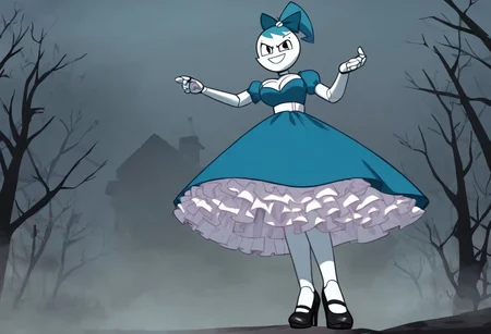 (Masterpiece, best quality:1.2), score_9, score_8_up, flat color, flat shading, soft shading, lighting, Jenny Wakeman as an adult, (((in a 1950's full length formal dark blue dress, a white belt, a fluffy frilly ruffled full white petticoat, and black high heels))), dress, layered petticoat, frilly petticoat, fluffy petticoat, full petticoat, detailed petticoat, wide skirt, detailed outfit, flowing skirt, (((long skirt))), (((solid dark blue colored dress, black high heels))), blue hair, series accurate, cute, best high quality, high res, robot, humanoid robot, (((giant breasts, cleavage))), whole body shot, 1girl, (((solo, outside, in a dark creepy forest, by a old ominous log cabin, at night, heavy fog surrounding her, fog, heavy fog, looking at you, low angle))), (((evil, evil smile, determined evil eyes, posing gracefully and evilly))), low angle shot, cartoon, cartoon style, vector, solo, circle dress, 1950s, dance dress jenny, jenny wakeman, 1girl, solo, robot joints, black eyes, white skin, ponytail, hair bow, blue rose chest corsage, poofy dress, blue hair, flat lighting,