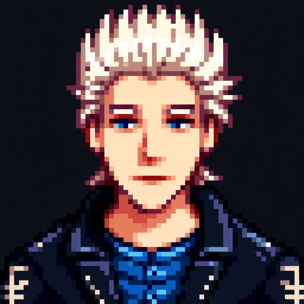 score_9, score_8_up, score_7_up, source_anime, BREAK, solo, 1boy, looking at viewer, <lora:Stardew-Valley-Portraits-pdxl_Fp:1>, portrait, simple background, pixel art, white background, <lora:dmc5_vergil_ponyXL:1>, dmc5vergil, black coat, white hair, blue eyes,