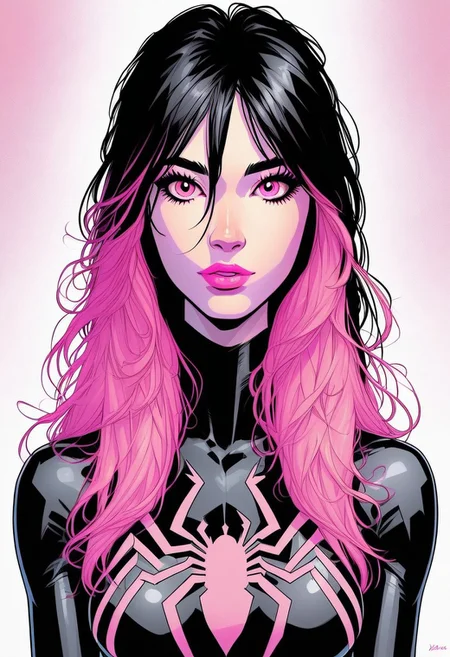 /Spider_Ayane/, pink lipstick, long black hair, pink hair highlights, medium breasts, portrait, black bodysuit with pink spider print, looking at viewer, puty lips, pink eyes, straight from front