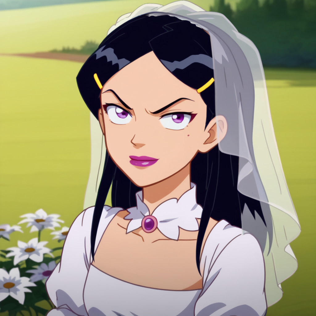 score_8_up, BREAK, anime screencap, Mandy, 1girl, solo,  long hair,  black hair, purple eyes, lipstick, hairclip, <lora:Mandy_TotallySpies_PXL_Leaf2:1> ,   looking at viewer,  depth of field,  bride, bridal veil, white dress, flower field,