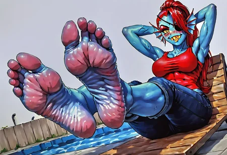 Undyne (Undertale) (blue skin, red hair, yellow eyes, eyepatch, sharp teeth, red tank top, black jeans)
( relaxed, pose, half-lidded eyes, smug grin, blushing, hands behind head),
lying on lawn chair outdoors, poolside,
(2soles, foot focus:1.3), foreshortening, high arched foot,
staring at viewer, elegant pose, detailed sole, high-arched foot, wrinkled sole, (perfect feet:1.3), legs up, (3/4 front side view, dutch angle:1.3), zPDXL3, detailed, low angle,, legs apart, feet closeup, traditional media, ArsMJStyle