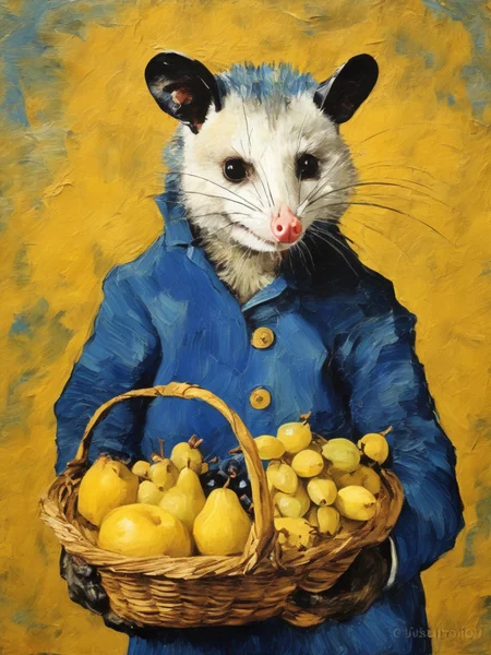Van Gogh portrait of anthropomorphic Possum holding a basket of fruit painting, yellow ocher, Prussian blue, ultramarine, <lora:Opossum-possum-000002:1>