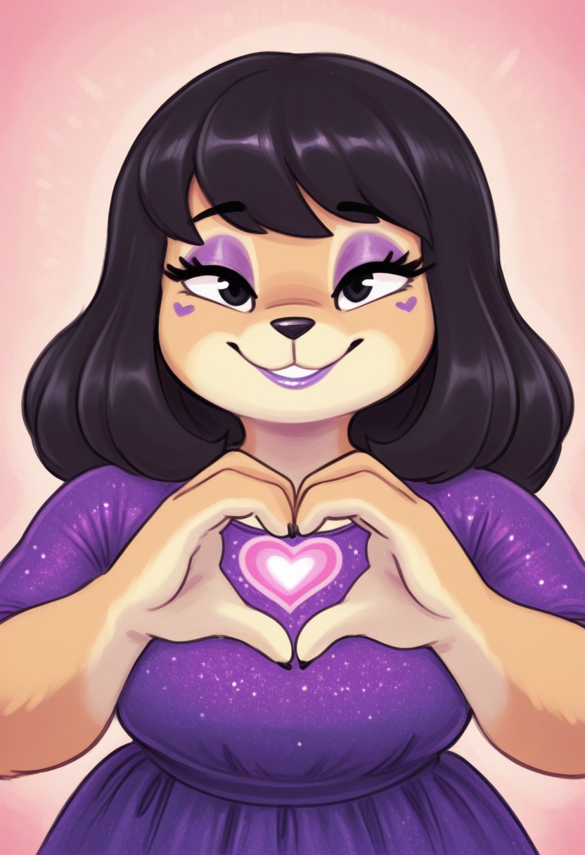 1girl, solo, medium build, medium hair, sfw, safe for work, covered skin, flowy dress,  black eyes, purple lipgloss, smiling, portrait, upper body, heart hands, foreshortening, detailed, newest, furry female, furry, anthro, kiseff