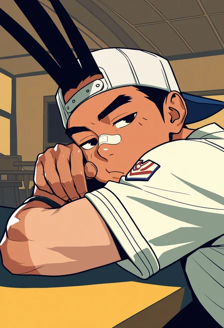 masterpiece, best quality, newest, absurdres, highres, very awa, 1boy, male, male focus, sawamura shouma, hair through headwear, backwards hat, bandaid on nose, baseball uniform, foreshortening, solo, (head on arm:1.2), (head rest:1.2), looking to the side, elbows on table, outstretched hand, closed mouth, dark skin, tanlines, indoors, table, (portrait), from front, yellow theme, looking at viewer, pout, bored