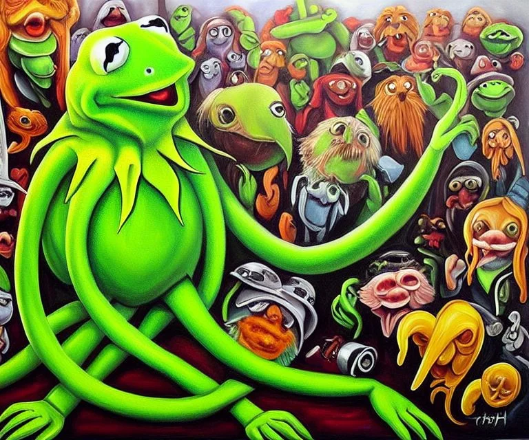 ASCIIA painting of Cthulhu as kermit the frog, very detailed, clean, high quality, sharp image, based on H.P Lovecraft stories