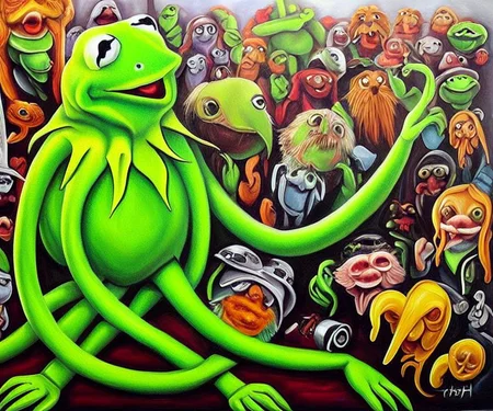 ASCIIA painting of Cthulhu as kermit the frog, very detailed, clean, high quality, sharp image, based on H.P Lovecraft stories