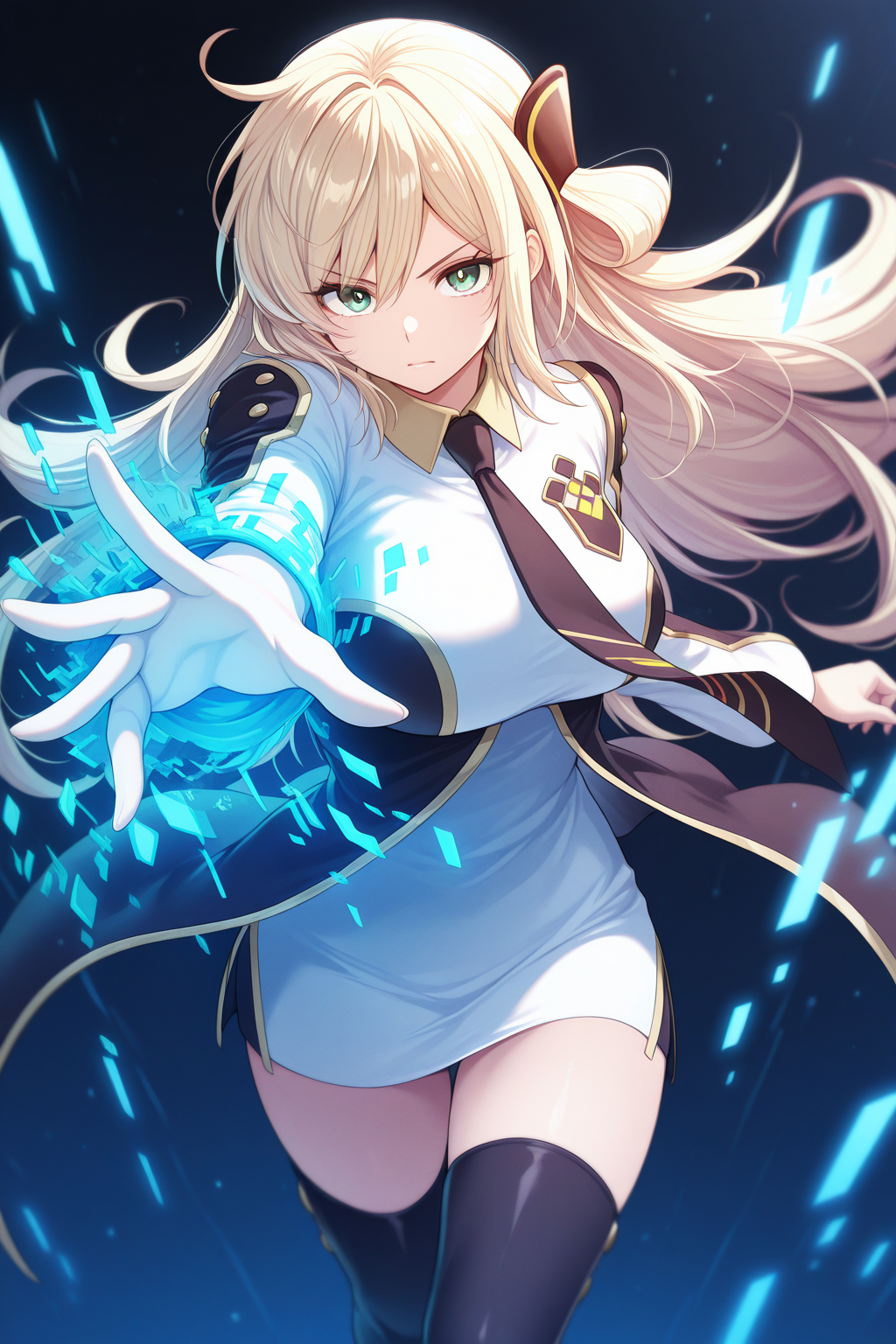 1girl, SkyStrikerAce-RayeYu-Gi-Oh, 
general, solo, perspective, upper body,
long hair, blonde hair, green eyes, eyelashes,
breasts,
hair ornament, black necktie,
collared dress, two-tone dress, short dress,
long sleeves,
black thighhighs, thigh boots, 
serious, transformation, extending the arm, digital dissolve,
blue theme, depth of field,
<lora:kp_SkyStrikerAce-RayeYu-Gi-OhIllustrious_v1_0:1.0>,
masterpiece, best quality, amazing quality