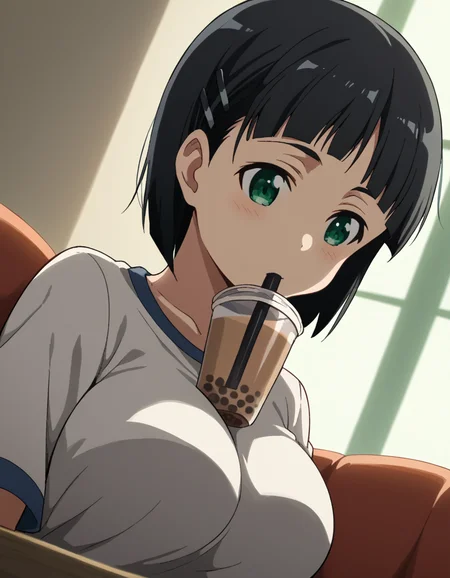 score_9, score_8_up, score_7_up, source_anime, suguhakirigaya, <lora:suguha-kirigaya-s1-ponyxl-lora-nochekaiser:1>, suguha kirigaya, short hair, black hair, hair ornament, hairclip, green eyes, large breasts,, <lora:bubble-tea-challenge-ponyxl-lora-nochekaiser:1>, bubble tea challenge, bubble tea, object on breast, drinking straw, drinking straw in mouth, drinking, cup,, indoors, sitting, looking down,, cowboy shot, dutch angle,