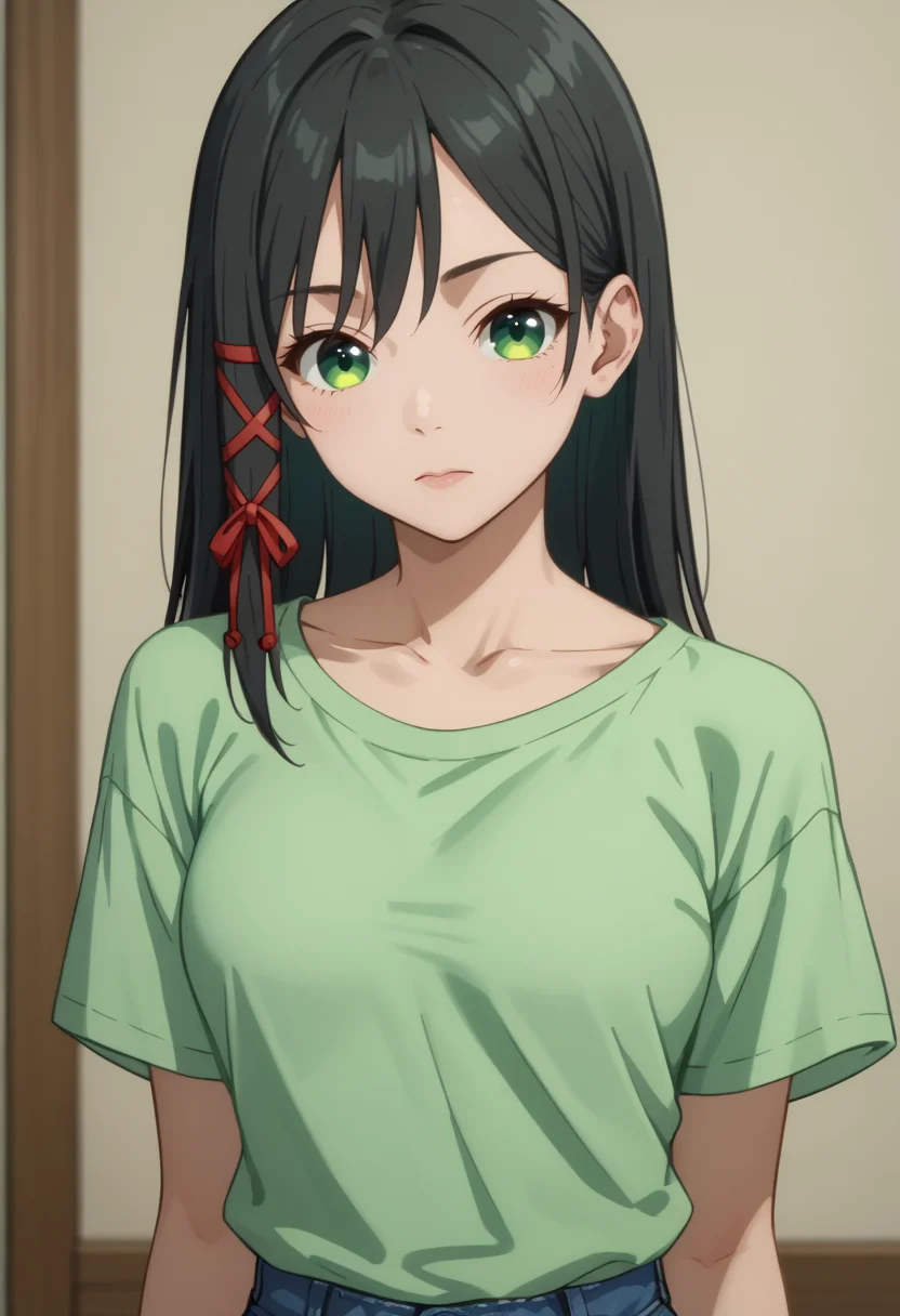 score_9, score_8_up,
1girl, <lora:AmagamiYae_Amagamisan_PDXL:0.9>, amagamiyae, black hair, green eyes, red ribbon, hair ribbon,
denim, green shirt, collarbone
