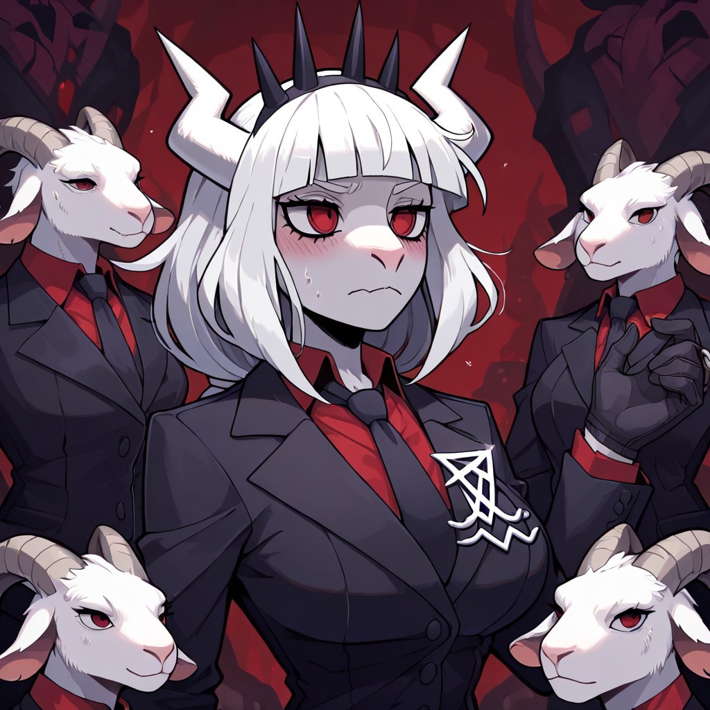masterpiece, best quality, newest, absurdres, highres, 
FanFurMIXV1.0, 
solo, solo focus, 1girl, lucifer (helltaker), black suit, red necktie, black collared shirt, black gloves, blunt bangs, furry, anthro, goat girl, goat, goat horns, furry female,