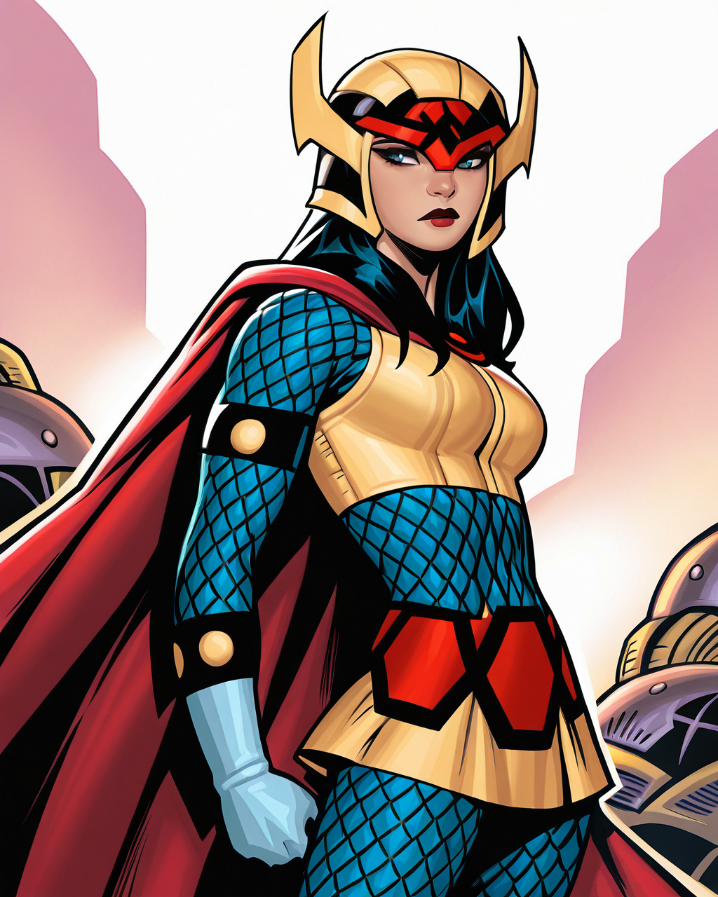 masterpiece, best quality, absurdres, perfect quality, absolutely eye-catching,   <lora:ChrisBachaloIllus:1> bachalo,  <lora:Big BardailluLoRA:0.8> bgbrda, top, cape, bodysuit, helmet, armlet, bracelet, gloves, chainmail, skirt,  solo, 1girl,