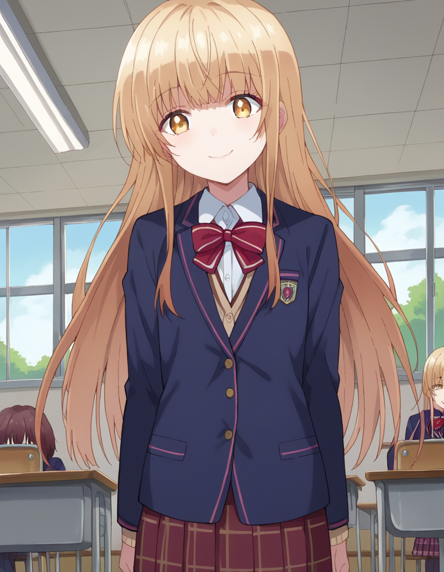 score_9, score_8_up, score_7_up, source_anime,
mahirushiina, <lora:mahiru-shiina-s1-ponyxl-lora-nochekaiser:1>
mahiru shiina, bangs, blonde hair, brown hair, yellow eyes,
long hair, skirt, bow, school uniform, jacket, pleated skirt, plaid, plaid skirt, blazer, cardigan, blue blazer, red bowtie,
indoors, classroom, smile,
looking at viewer, dutch angle, cowboy shot