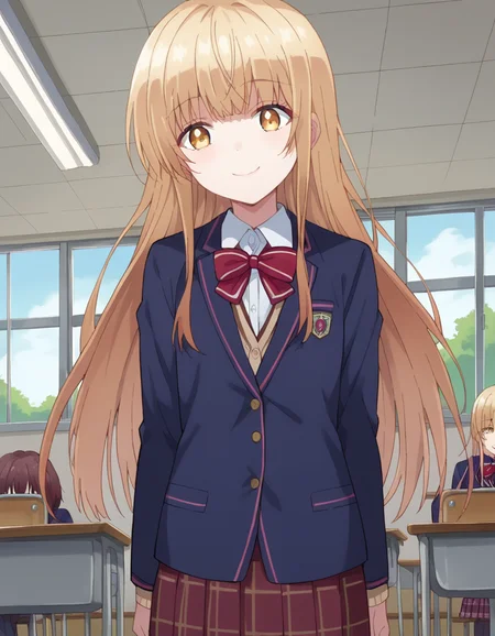 score_9, score_8_up, score_7_up, source_anime,
mahirushiina, <lora:mahiru-shiina-s1-ponyxl-lora-nochekaiser:1>
mahiru shiina, bangs, blonde hair, brown hair, yellow eyes,
long hair, skirt, bow, school uniform, jacket, pleated skirt, plaid, plaid skirt, blazer, cardigan, blue blazer, red bowtie,
indoors, classroom, smile,
looking at viewer, dutch angle, cowboy shot