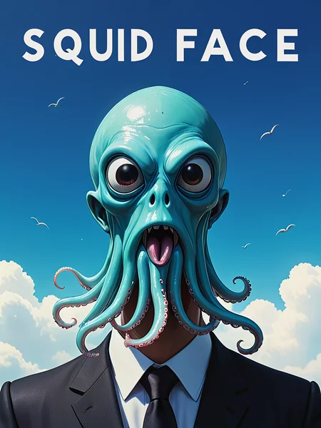 A man. Squid face. Laughing.
Text floating across the sky. (Text: "Squid Face").
<lora:SquidFace01_CE_XL_300-OT:0.4> sqdfceCE_style
<lora:TextTitle01a CE XL 300-OT:0.6> texttitle