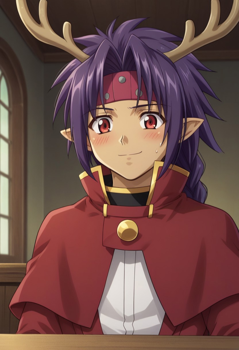 score_9, score_8_up, score_7_up, source_anime, highly detailed, 
chrono, solo, braid, 1boy, long hair, male focus, red eyes, upper body, headband, purple hair, bow, coat, smile, single braid, capelet, pointy ears, shirt, white shirt, tailcoat, red tailcoat, red capelet, dark skin, dark-skinned male, 
indoor, table, sit, embarassed, blush, reindeer antlers, sweatdrop,
