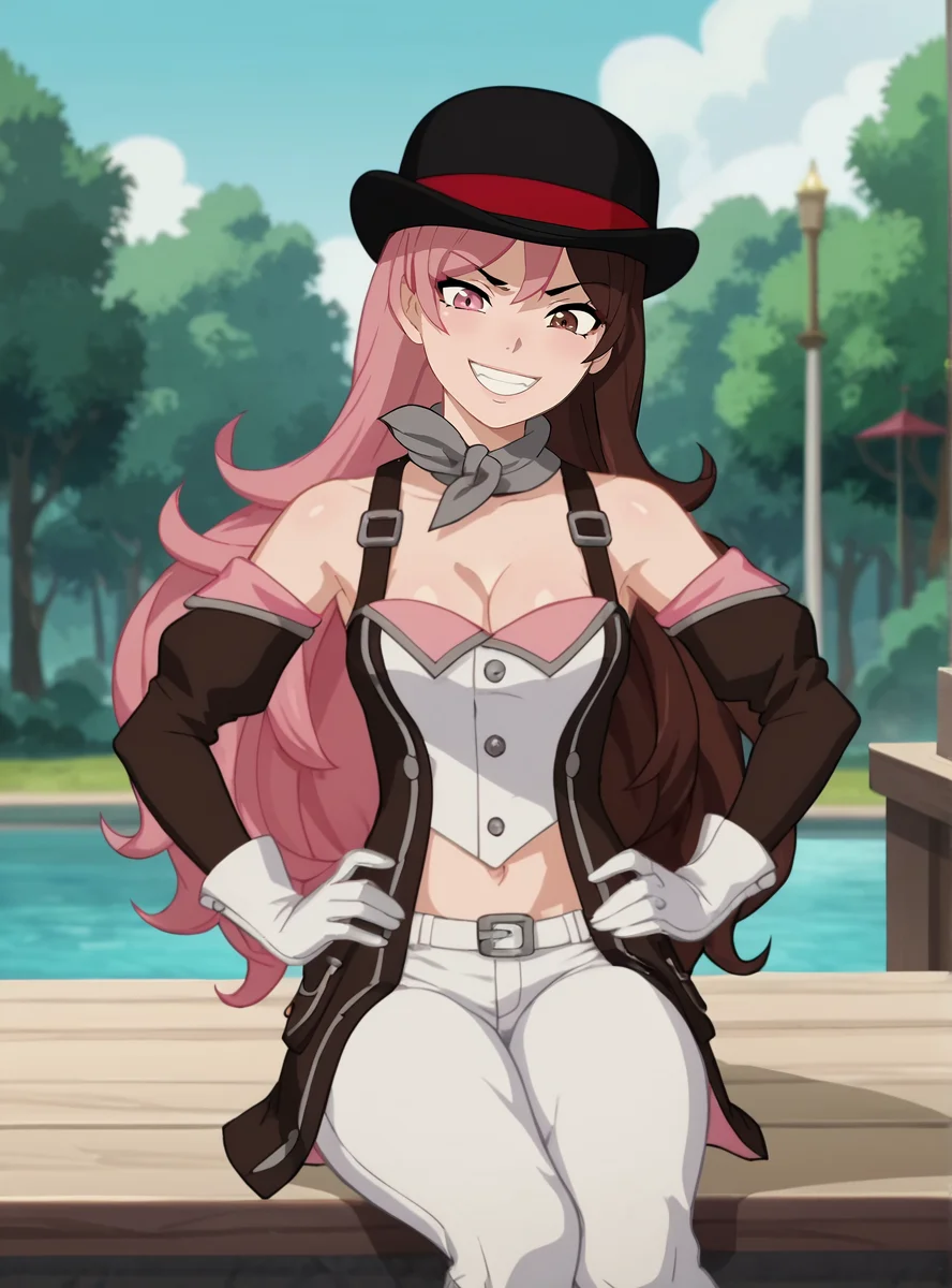 score_9, score_8_up, score_7_up, score_6_up, score_5_up, score_4_up, anime screencap, anime screencap, <lora:NeoPolitanVol7:0.8>neopilitantimeskip, 1girl, solo, hat, pink hair, brown hair, multicolored hair, long hair, split-color hair, gloves, heterochromia, bowler hat, cleavage, smile, pants hands on hips sitting thick thighs, evil grin,