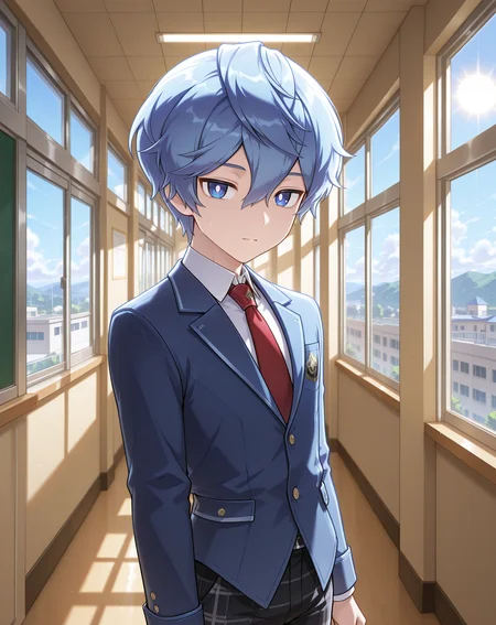 masterpiece,best quality,amazing quality, newest, very aesthetic, absurdres,
1boy, solo, yaoi, male focus, looking at viewer, cowboy shot,
<lora:Noah_Liberator_ilxl:1> noahlb, blue eyes, blue hair, hair between eyes, short hair, white pupils,
school uniform, white shirt, collared shirt, blue jacket, red necktie, black pants, plaid pants,
indoors, school, hallway, window, day, sun, <lora:StS_Age_Slider_Illustrious_v1:1>