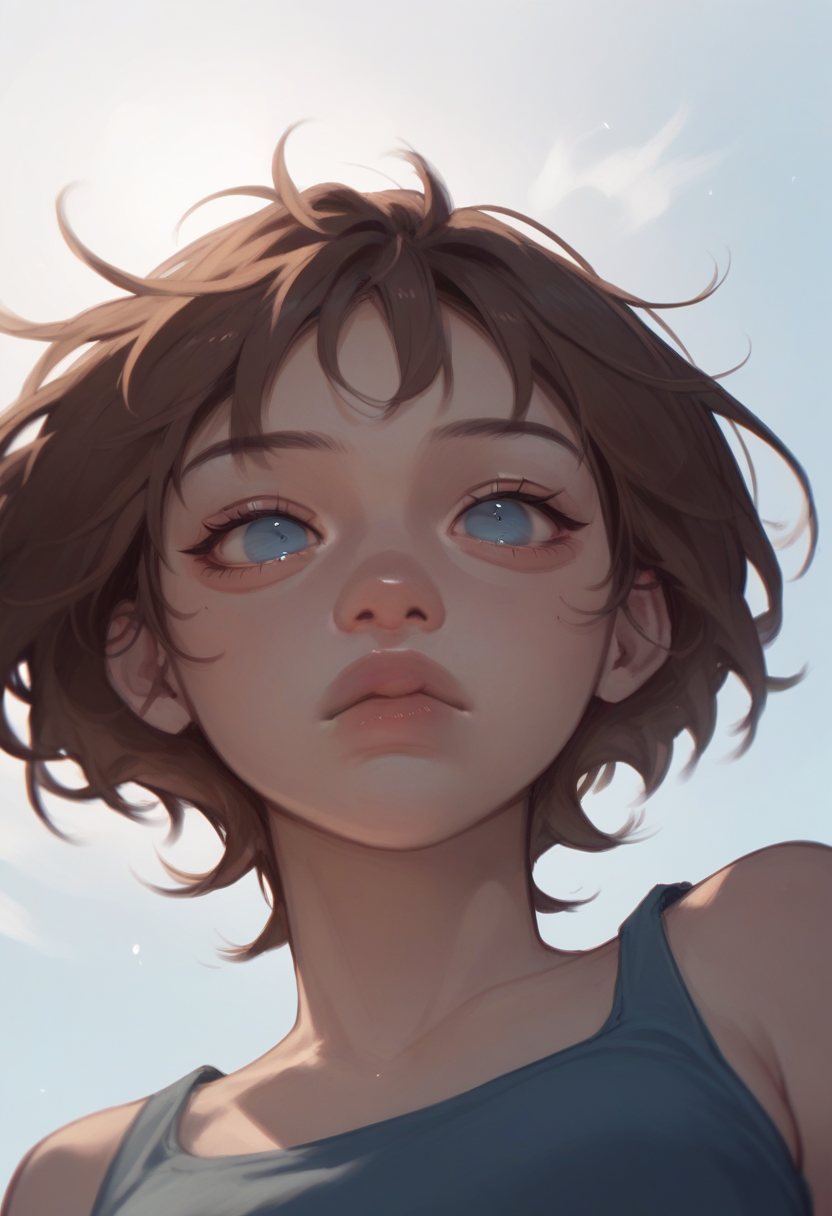 score_9, score_8_up, score_7_up, score_6_up, <lora:jelly_v0.5-pony:1>
1girl, short hair, brown hair, from below, blue eyes, upper body,