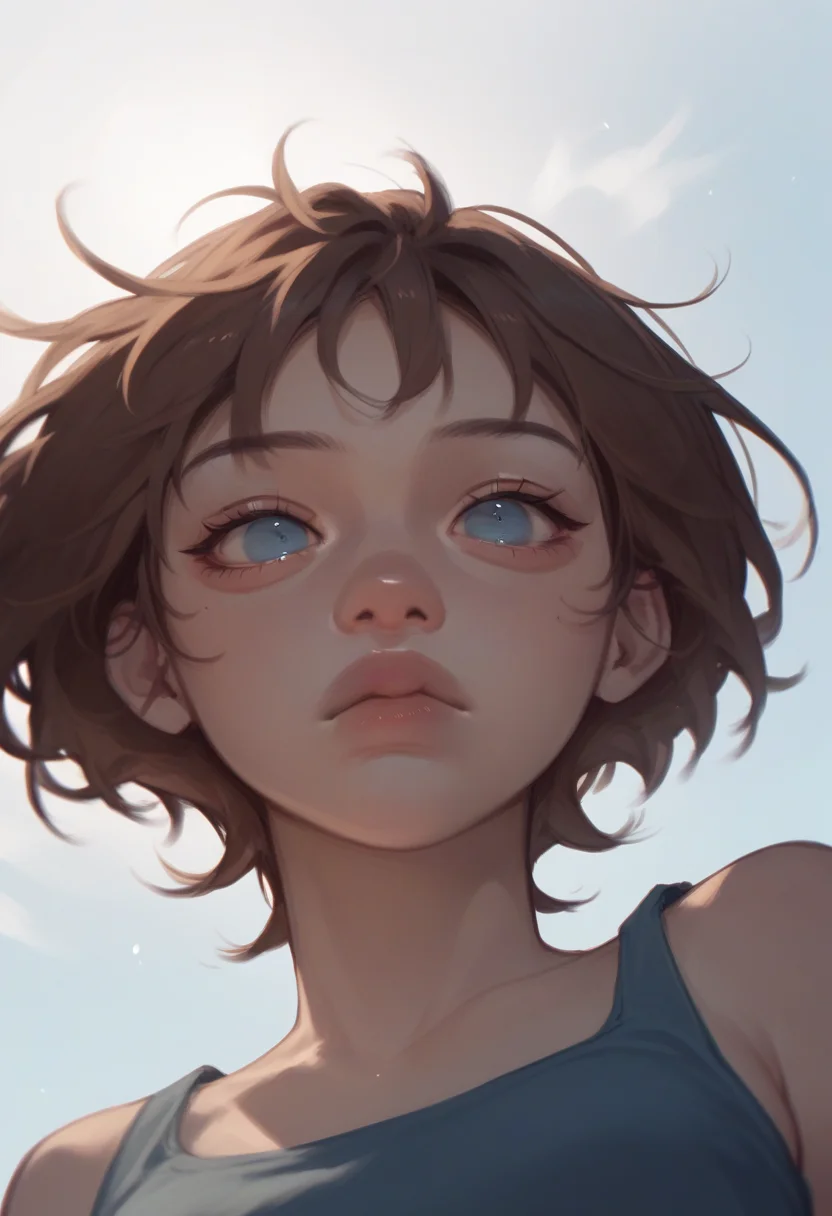 score_9, score_8_up, score_7_up, score_6_up, <lora:jelly_v0.5-pony:1>
1girl, short hair, brown hair, from below, blue eyes, upper body,