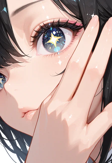 masterpiece, best quality, very aesthetic, absurdres, newest, no lineart, [realistic::0.25], 
1girl, close-up, from above, flat color, star-shaped pupils, upper body, hand frame, eye focus, black hair, thick eyelashes, sparkle, glitter makeup,
<lora:DetailedEyes_V3:1> <lora:USNR_STYLE_ILL_V1_lokr3:0.45> usnr <lora:ponyv6_noobV1_2_adamW:0.9> <lora:GENESIS_MK0.2:0.5>