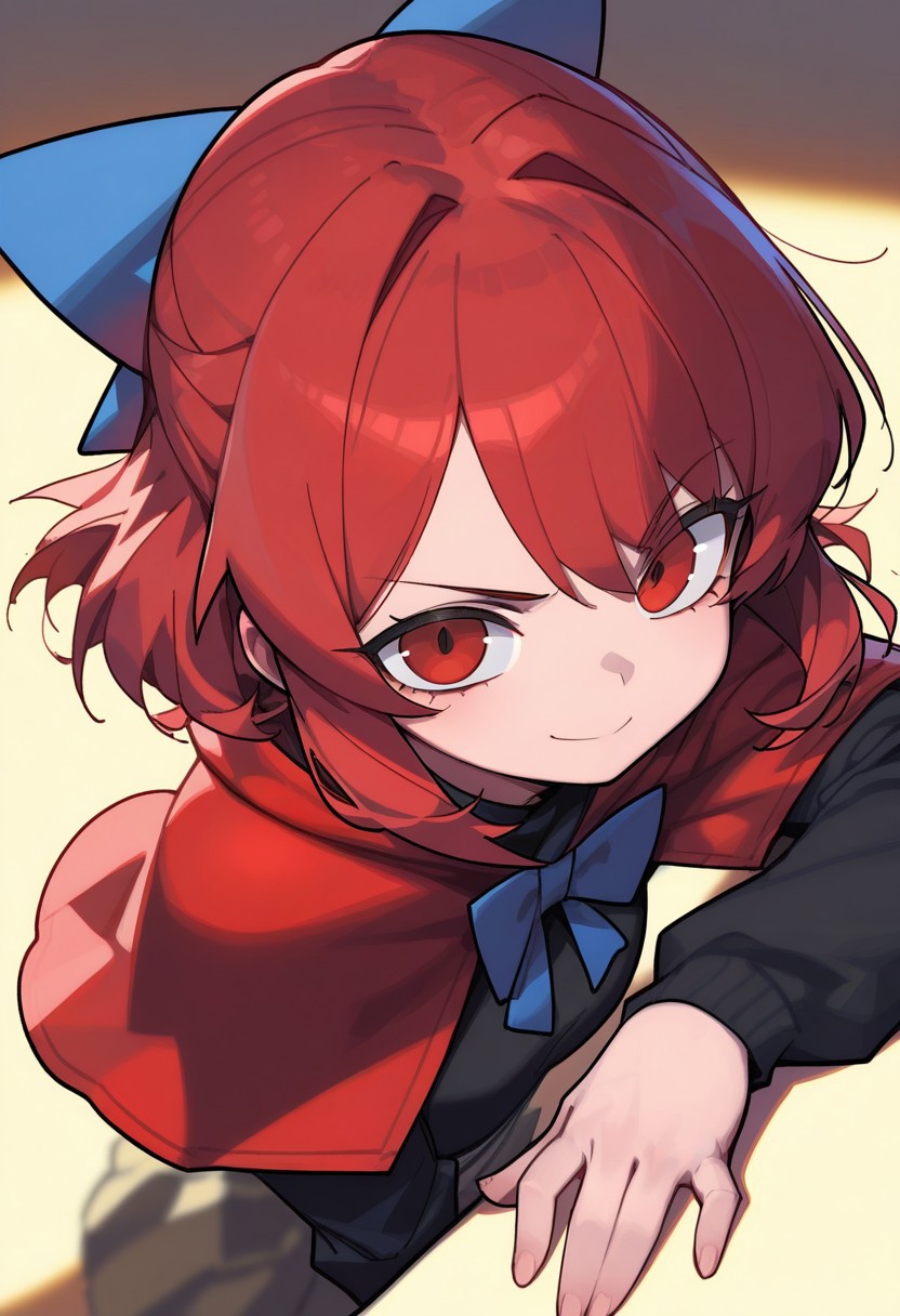 CuteToon_ST, masterpiece, best quality, very aesthetic, high resolution, ultra-detailed, absurdres, newest, detailed eyes, beautiful, perfect lighting, hi res, amazing quality, very awa, painting_(artwork), dynamic lighting, dynamic angle, dynamic pose, cinematic, gorgeous, toon (style), 1girl, black shirt, blue bow, bow, capelet, closed mouth, hair bow, long sleeves, looking at viewer, medium hair, red capelet, red eyes, red hair, shirt, smile, solo, upper body