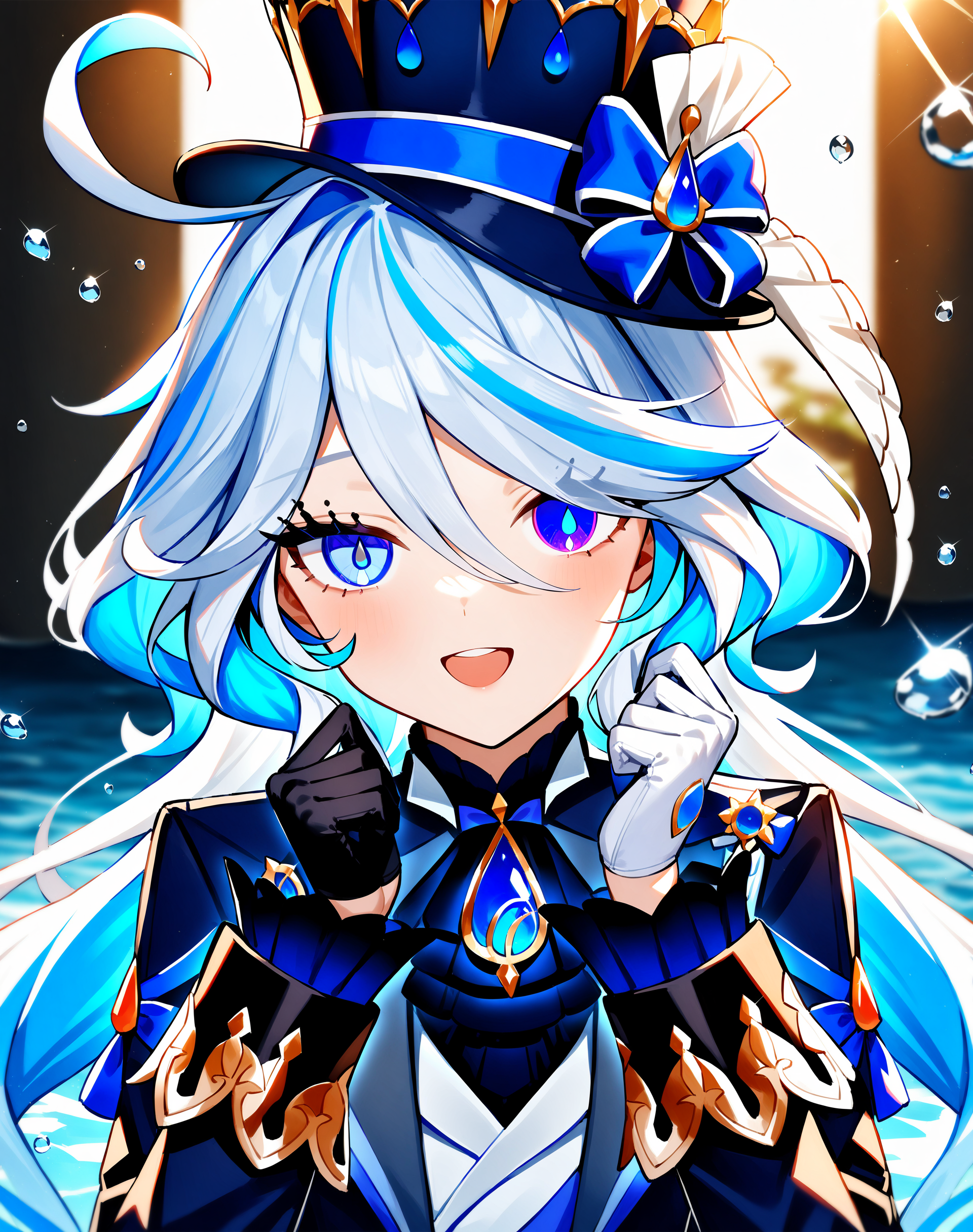 1girl,furina,solo,white_shirt,heterochromia,top hat,white gloves,black gloves,no headwear,sunlight,portrait,looking_at_viewer,mismatched gloves,:d,jacket,hat,multicolored hair,very long hair,gloves,long hair,drop-shaped pupils,dappled sunlight,hat bow,eyelashes,upper teeth only,white background,wavy hair,white hair,long sleeves,hair between eyes,gem,upper body,water,mismatched pupils,light blue hair,hair intakes,open mouth,water drop,hands up,lapels,
masterpiece,best quality,very aesthetic,absurdres,<lora:Furina_lastest:1>,