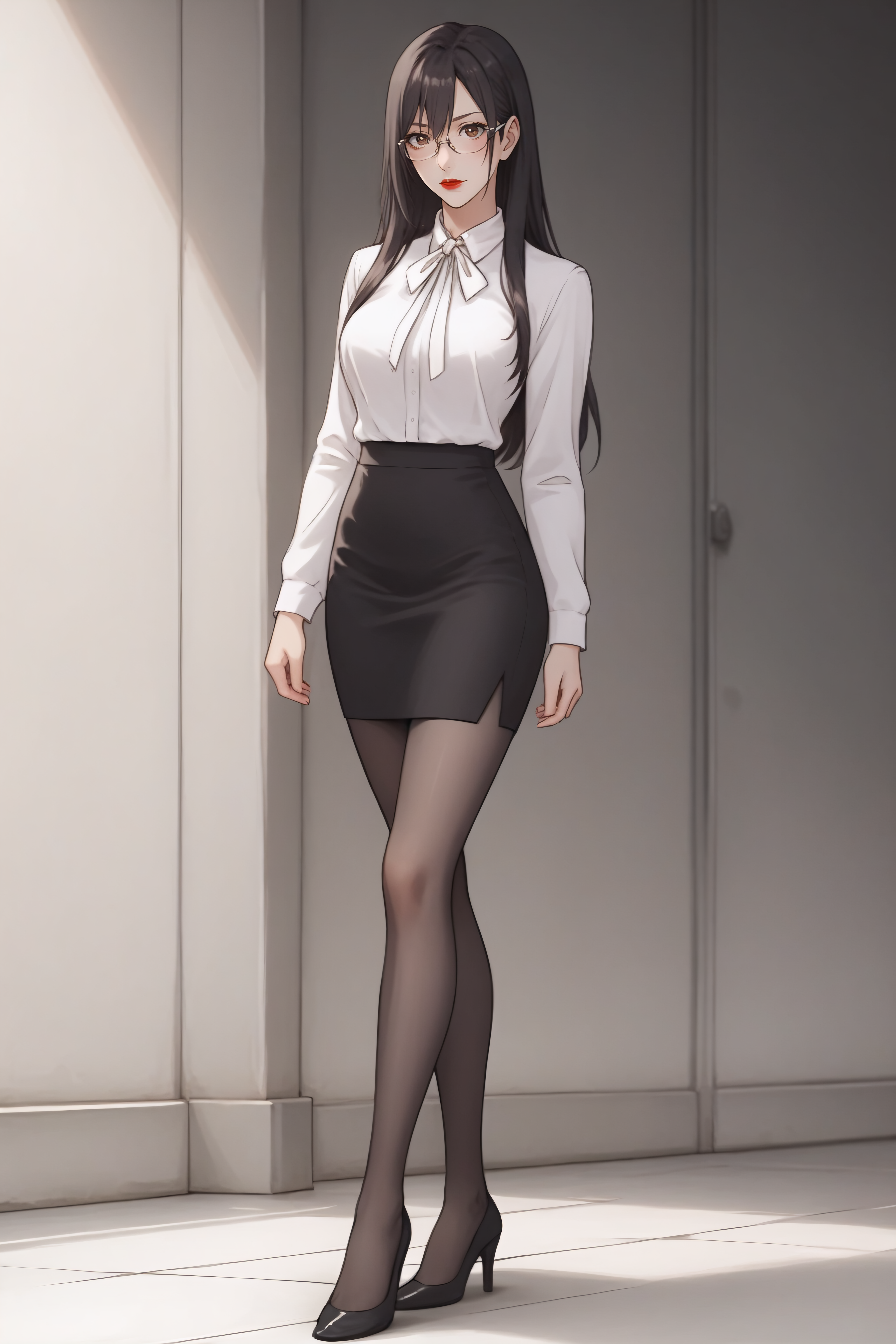 score_9, score_8_up, score_7_up, BREAK source_anime, <lora:Mayuri Hanyuu-PonyXL-lora-Faxtron:0.8> mayuri hanyuu, brown eyes, black hair, long hair, medium breasts, red lips, glasses, white shirt, white neck ribbon, pencil skirt, black pantyhose, high heels, standing,
