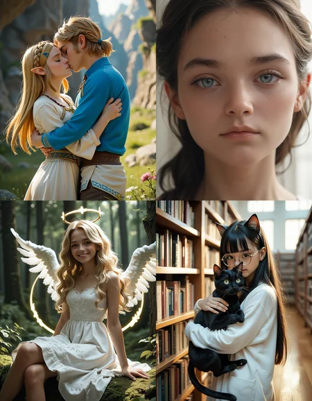 https://civitai.com/articles/5300 __ 1st image: score_9, score_8_up, score_7_up, 1girl, 1boy, Princess_Zelda, \(The_Legend_of_Zelda:_Breath_of_the_Wild\), standing, kiss, hug, closed_eyes __ 2nd image: score_9, score_8_up, score_7_up, 1girl, lovely face, portrait, close-up, looking_at_viewer, closed_mouth __ 3rd image: score_9, score_8_up, score_7_up, 1girl, solo, blonde_hair, wavy_hair, angel, angel_wings, halo, smile, sitting, forest, white_dress __ 4th Image: score_9, score_8_up, score_7_up, 1girl, solo, long_hair, black_hair, blunt_bangs, straight_hair, round_eyewear, cat_girl, cat_ears, cat_tail, standing, hug cat, looking_at_viewer, library