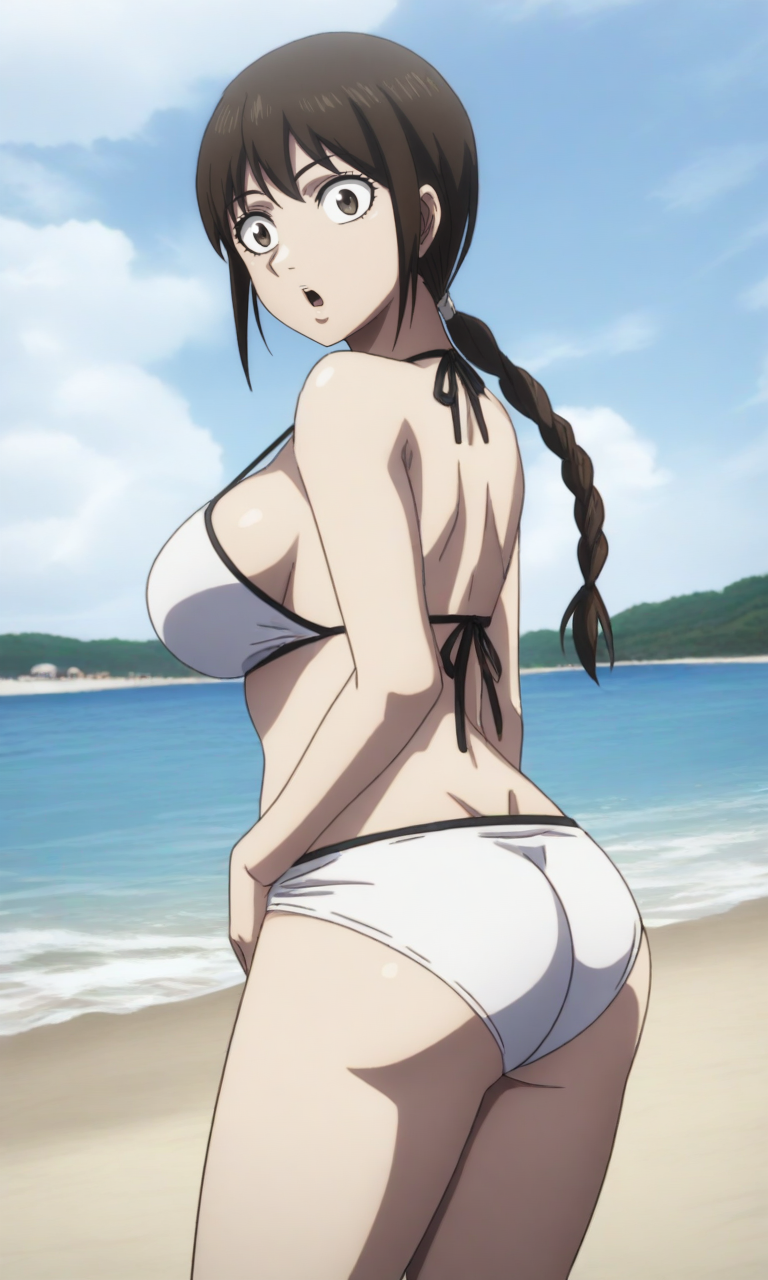 masterpiece, best quality, high resolution, absurdres, 1girl, kingdostyle, braided_ponytail, brown_hair, long_hair, brown_eyes, beach, bikini, day, ass, large_breasts, outdoors, surprised, looking_at_viewer, from_behind, back, from_below,