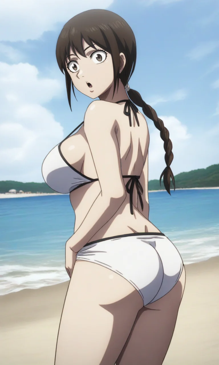masterpiece, best quality, high resolution, absurdres, 1girl, kingdostyle, braided_ponytail, brown_hair, long_hair, brown_eyes, beach, bikini, day, ass, large_breasts, outdoors, surprised, looking_at_viewer, from_behind, back, from_below,