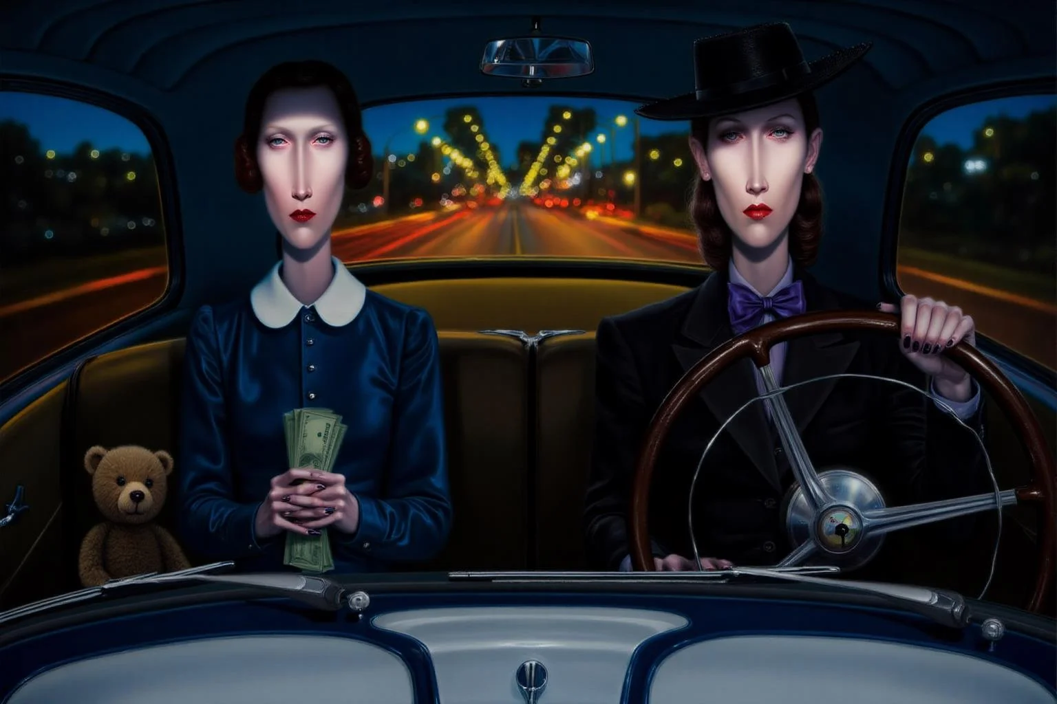troybrooks1 painting
Two women sit in the front of a vintage car. The woman on the left wears a dark blue outfit with a white collar and holds a bundle of cash. A teddy bear is beside her. The woman on the right wears a black hat and dark suit with a purple bow tie, is glancing to the left and holding the steering wheel. The background is a nighttime cityscape with blurred lights and the road behind. <lora:troybrooks1_cap_d8a4e10:1.0><lora:854063194568705959:0>
