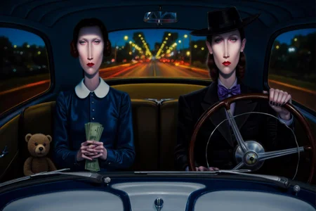 troybrooks1 painting
Two women sit in the front of a vintage car. The woman on the left wears a dark blue outfit with a white collar and holds a bundle of cash. A teddy bear is beside her. The woman on the right wears a black hat and dark suit with a purple bow tie, is glancing to the left and holding the steering wheel. The background is a nighttime cityscape with blurred lights and the road behind. <lora:troybrooks1_cap_d8a4e10:1.0><lora:854063194568705959:0>