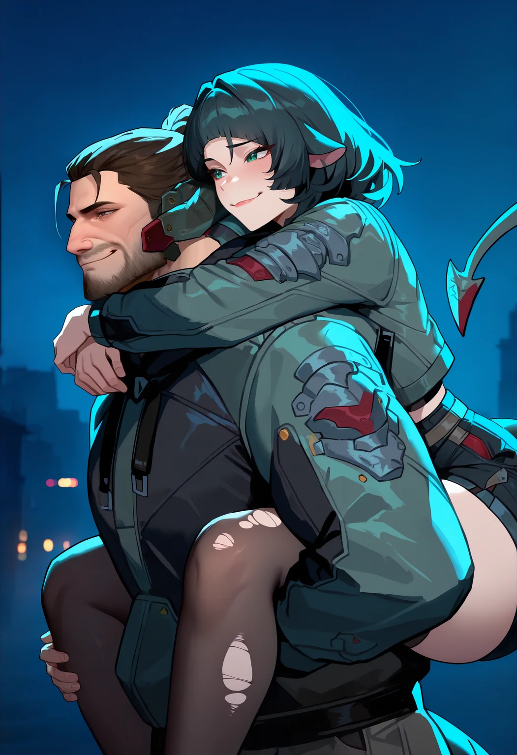 masterpiece, best quality, newest, absurdres, highres, night, dim light, dark, 1boy, upper body, <lora:JetstreamSam_illusXL_Incrs_v1:0.8>, JetstreamSam, brown eyes, headgear, beard, loking at another, smirk, looking at another, piggyback, on shoulder, bare arms, holding legs, standing, hug, black hoodie,
masterpiece, best quality, newest, absurdres, highres, masterpiece, best quality, 1girl, looking at another, piggyback, on shoulder, <lora:zzz_janedoe_illustriousXL:1> j4ne d0e, tail, two-tone hair, black hair, red hair, blunt bangs, animal ears, green eyes, torn clothes, fur trim, green jacket, fur-trimmed jacket, cropped jacket, necktie, long sleeves, fur-trimmed sleeves, black gloves, fingerless gloves, black shorts, short shorts, torn thighhighs, red nails, hug, holding legs