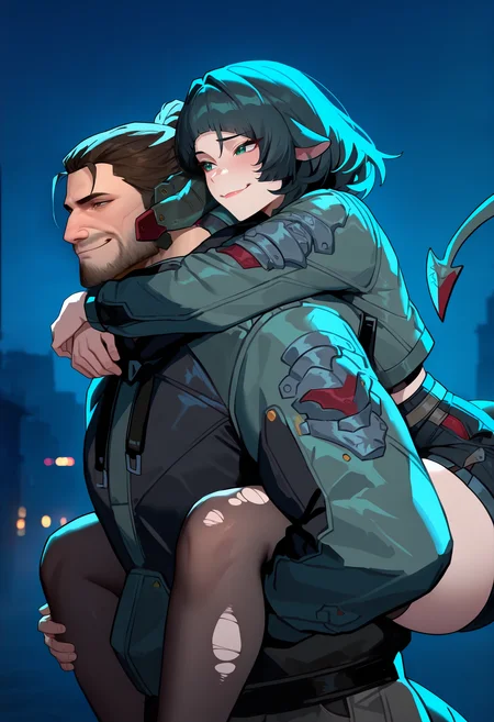 masterpiece, best quality, newest, absurdres, highres, night, dim light, dark, 1boy, upper body, <lora:JetstreamSam_illusXL_Incrs_v1:0.8>, JetstreamSam, brown eyes, headgear, beard, loking at another, smirk, looking at another, piggyback, on shoulder, bare arms, holding legs, standing, hug, black hoodie,
masterpiece, best quality, newest, absurdres, highres, masterpiece, best quality, 1girl, looking at another, piggyback, on shoulder, <lora:zzz_janedoe_illustriousXL:1> j4ne d0e, tail, two-tone hair, black hair, red hair, blunt bangs, animal ears, green eyes, torn clothes, fur trim, green jacket, fur-trimmed jacket, cropped jacket, necktie, long sleeves, fur-trimmed sleeves, black gloves, fingerless gloves, black shorts, short shorts, torn thighhighs, red nails, hug, holding legs