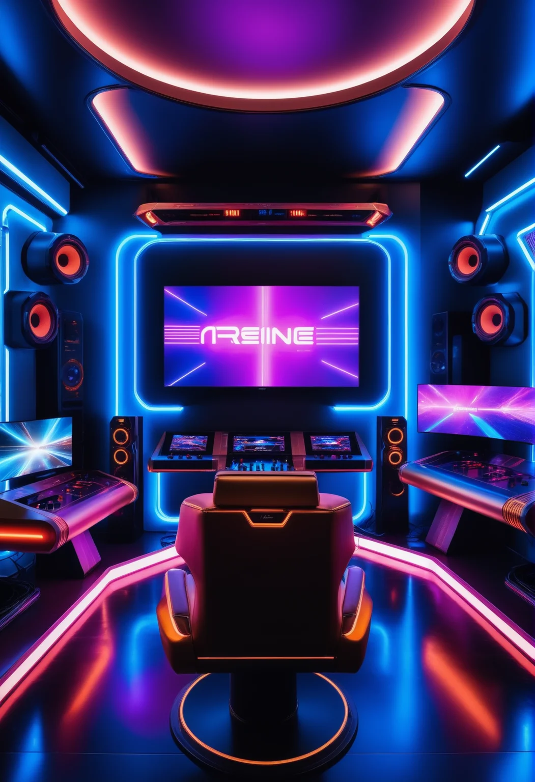masterpiece, high quality,, a reij gaming room, neon color and ambient neon light, rusty details, hologram screens and console <lora:reij-neonelegance:0.7>