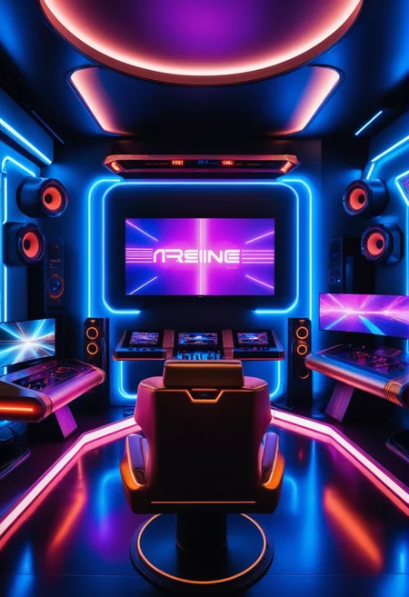 masterpiece, high quality,, a reij gaming room, neon color and ambient neon light, rusty details, hologram screens and console <lora:reij-neonelegance:0.7>