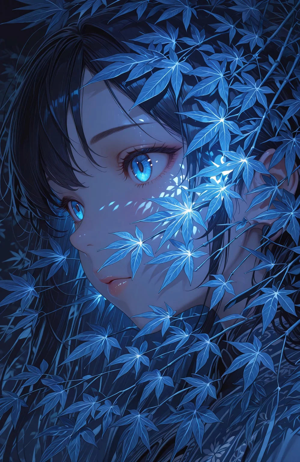 lazypos, masterpiece, best quality, ultra-detailed, digital painting, 1girl, solo, close-up, side view, upper body, looking to the side, beautiful glowing blue eyes, soft facial expression, pale skin, soft blush, long black hair, hair partly covered by leaves, surrounded by glowing blue maple leaves, leaves reflecting moonlight, serene and dreamy atmosphere, night lighting, soft glow, ethereal ambiance, intricate botanical details, fantasy vibe, subtle blue reflections on skin, dark background with leaf silhouettes, moody and quiet tone, delicate shadows on face, gentle luminescence, hyper-detailed hair strands, anime-style, enchanting eyes, soft depth of field, fantasy foliage, melancholic and peaceful mood, inspired by nature