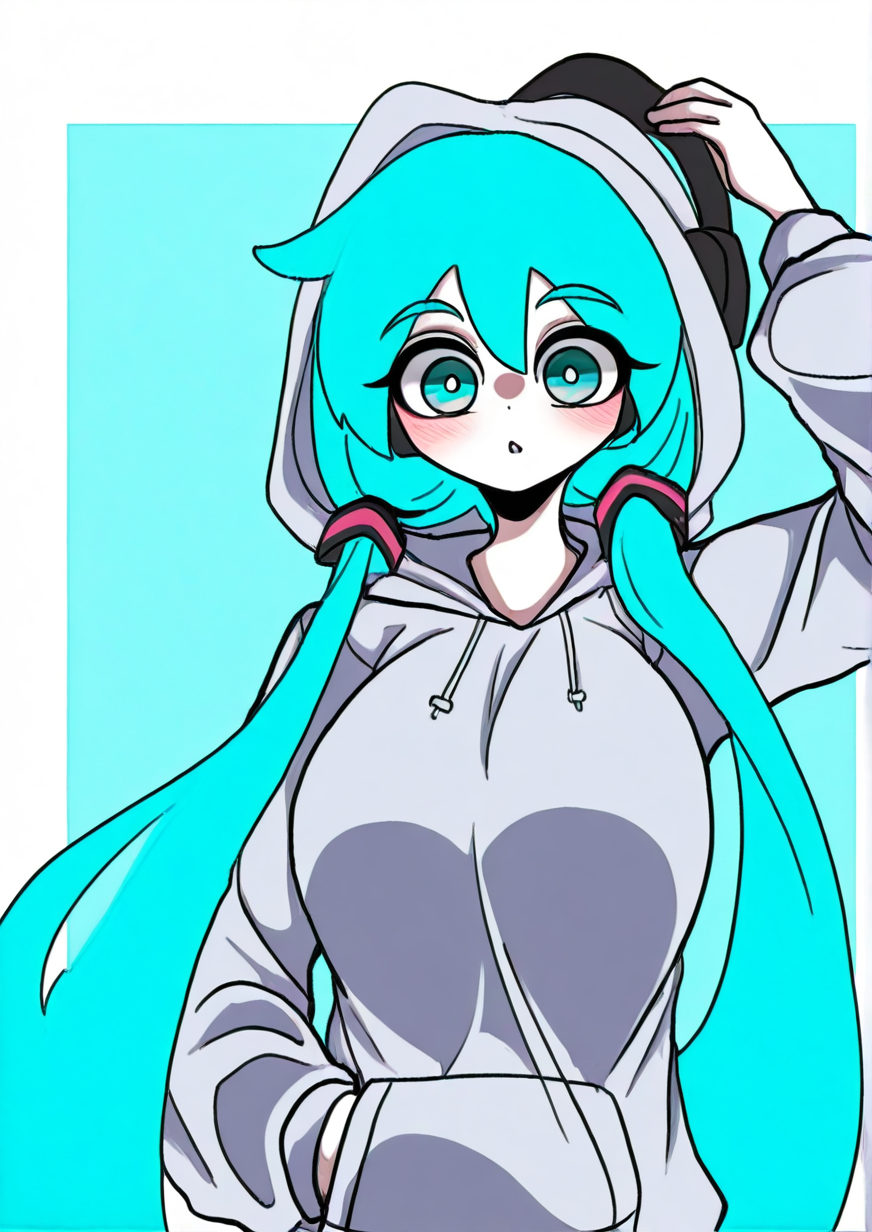 <lora:Tokigui:1.2>,1girl, hatsune miku, huge breasts, aqua eyes, aqua hair, arm up, blush, drawstring, grey hoodie, hand in pocket, headphones, headphones removed, hood, hood up, hoodie, long hair, long sleeves, looking at viewer, low twintails, solo, twintails, upper body,