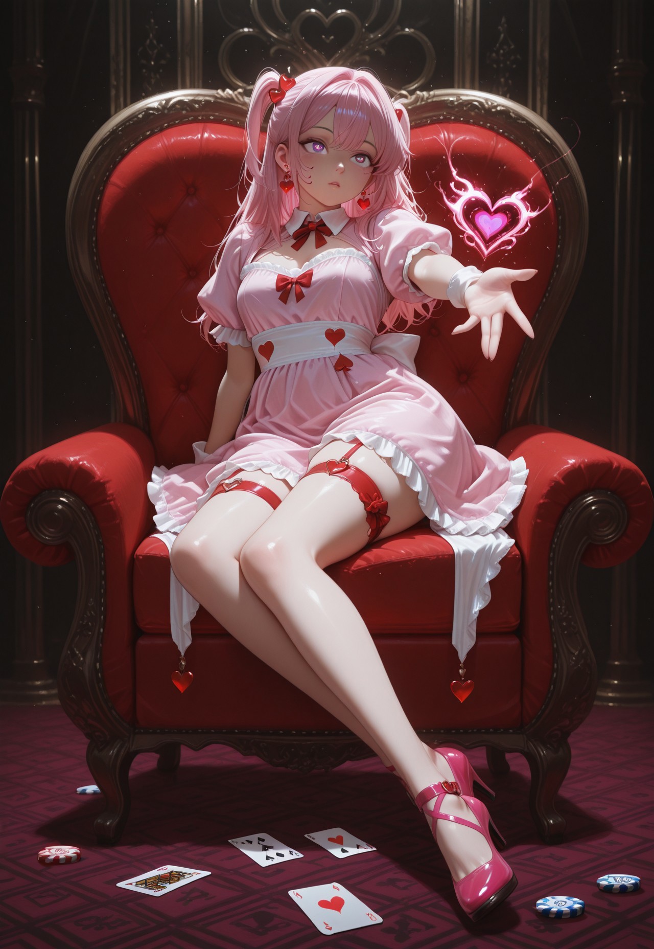 CivChan, purple eyes, pink hair, , score_9, score_8_up, score_7_up, Female, PG, Physical characteristics: Elegant facial features, pale skin, striking purple eyes, flowing pink hair composed of heart shapes, full body, full body shot Clothing and accessories: Red, heart-shaped elements enveloping her body and head; intricate earrings visible, Position: Reclining or emerging from the playing card, with one hand extended gracefully, Background: Dark backdrop with smoky, ethereal effects, scattered red hearts and poker chips enhancing the thematic composition, Main element: Queen of Hearts playing card, creatively designed with a vivid, surreal touch, Art style: Hyper-realistic with fantasy elements, emphasizing red tones and a luxurious, dramatic atmosphere,